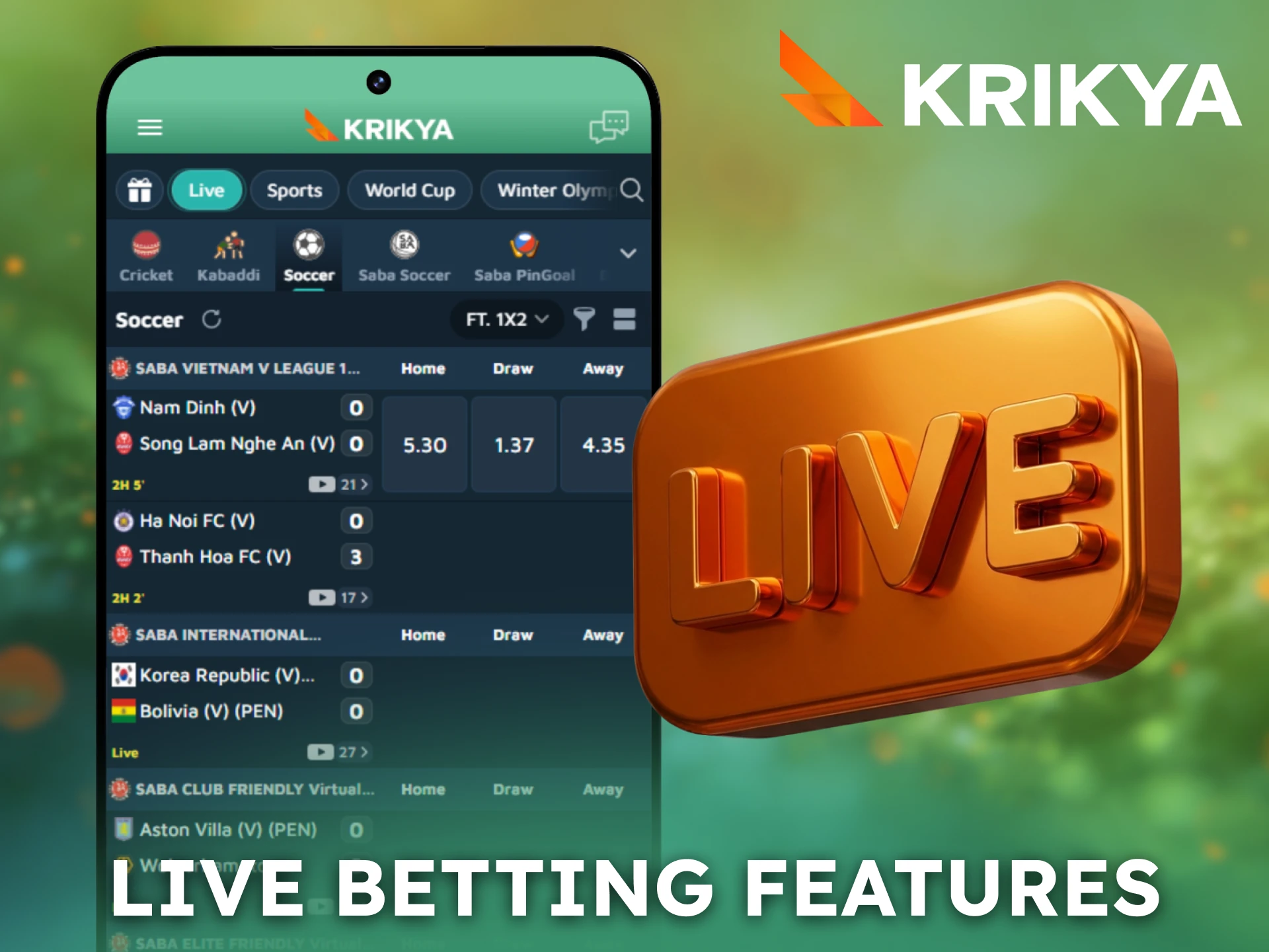 Use live betting features inside the Krikya Android App.