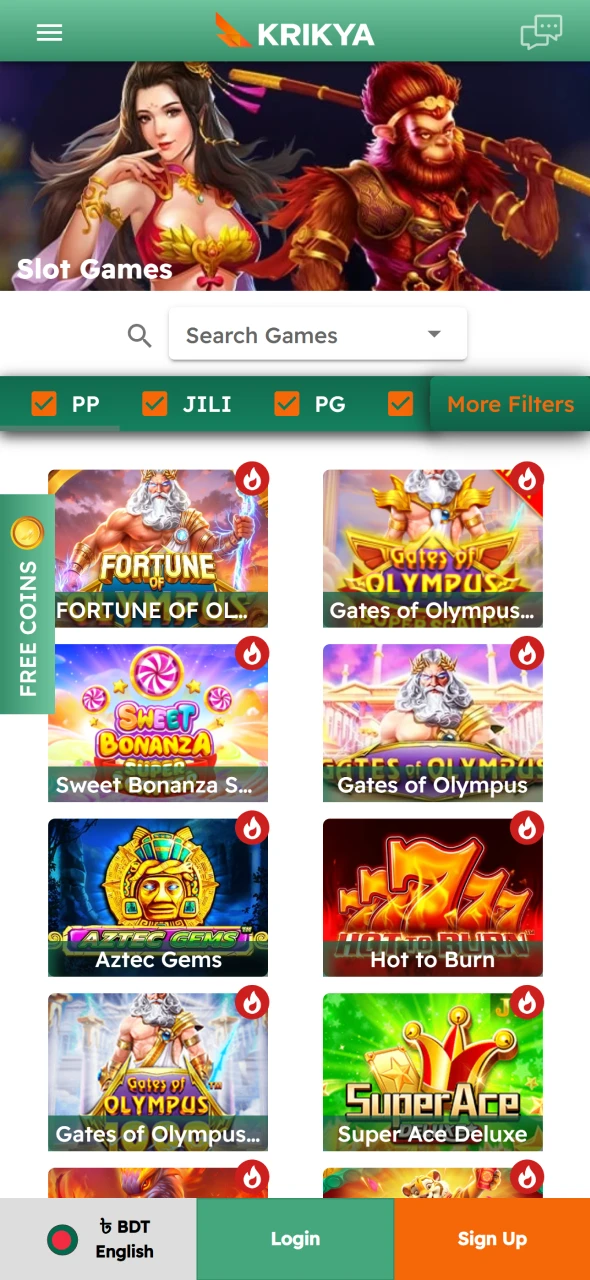 Explore casino sections through the Krikya iOS App interface.