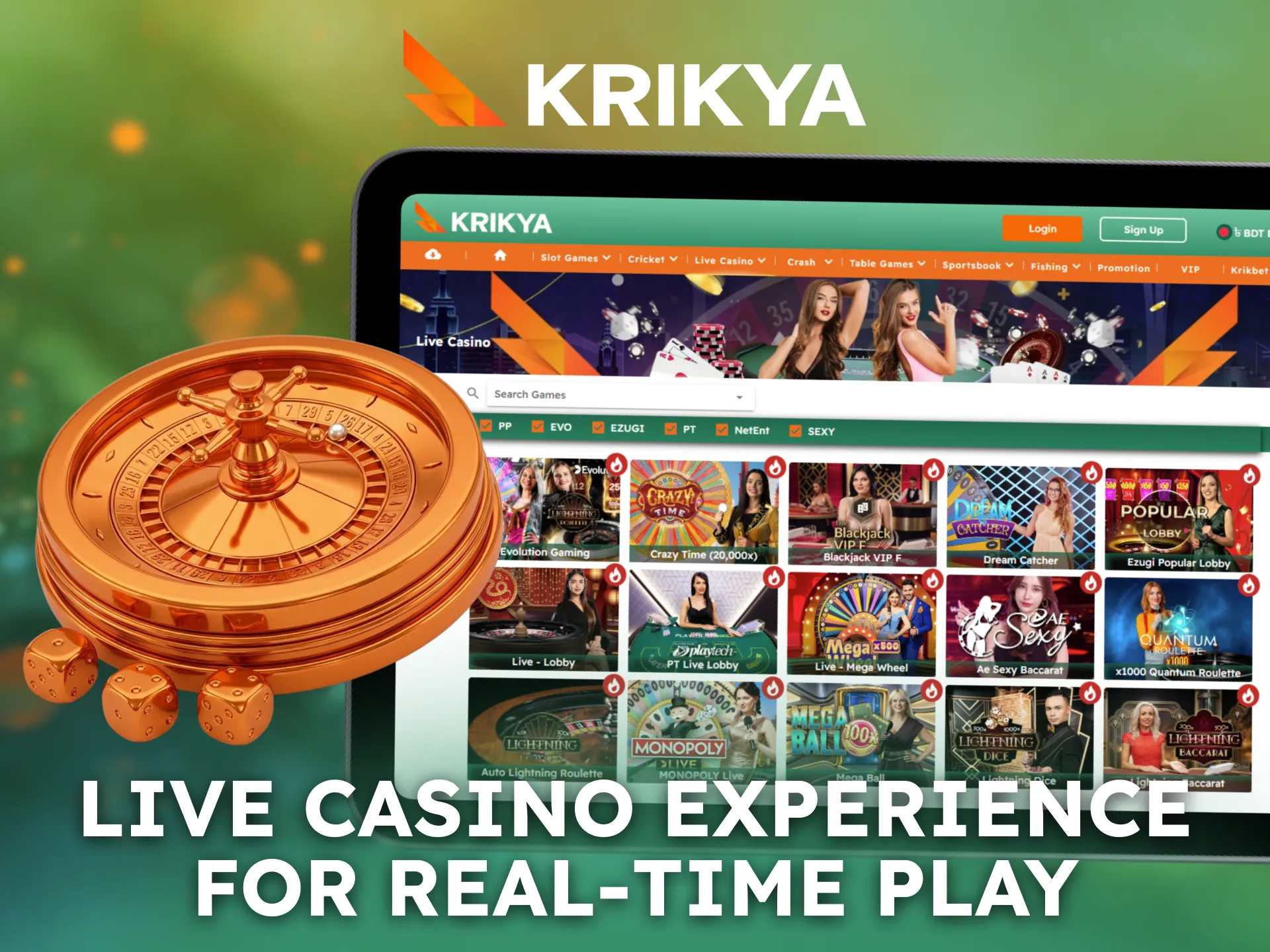 Experience real time gaming with the Krikya live casino.