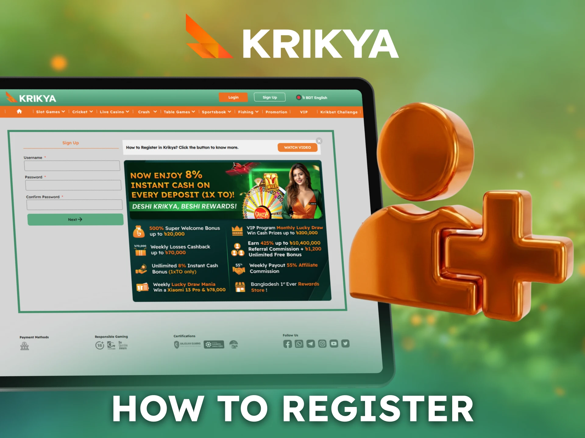 Follow simple steps to register at Krikya from Bangladesh.