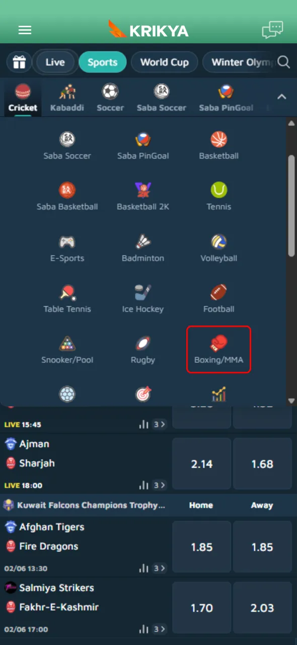 Easy access to MMA betting sections helps users find fights faster on Krikya.