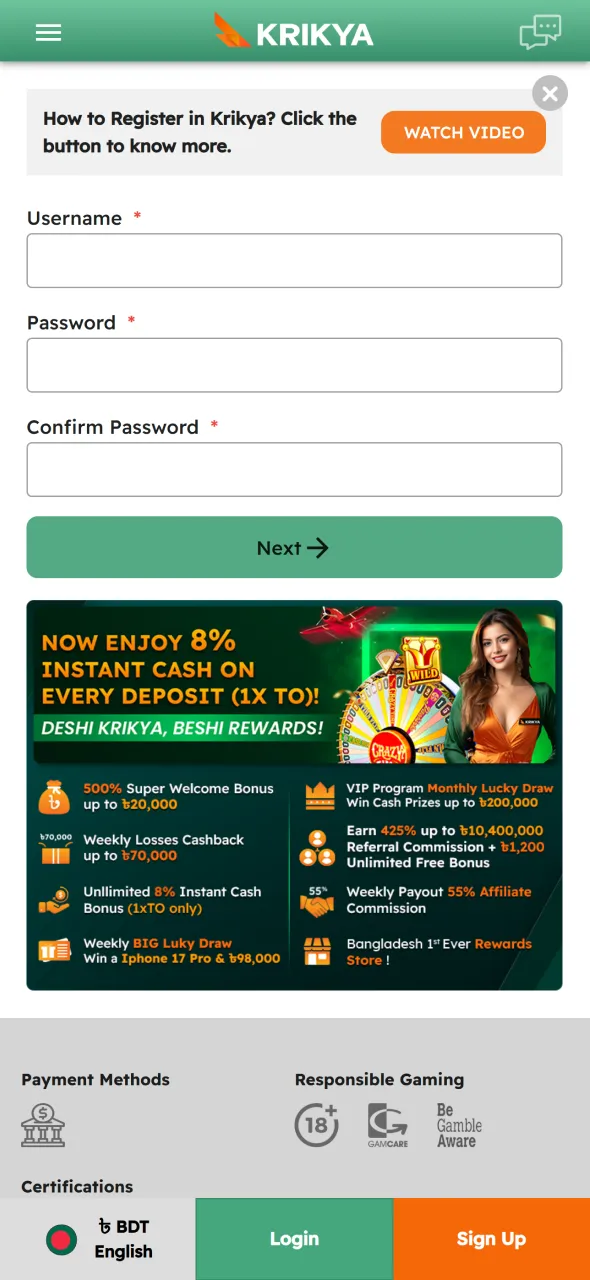 Create your betting account to start using Krikya bonus codes.