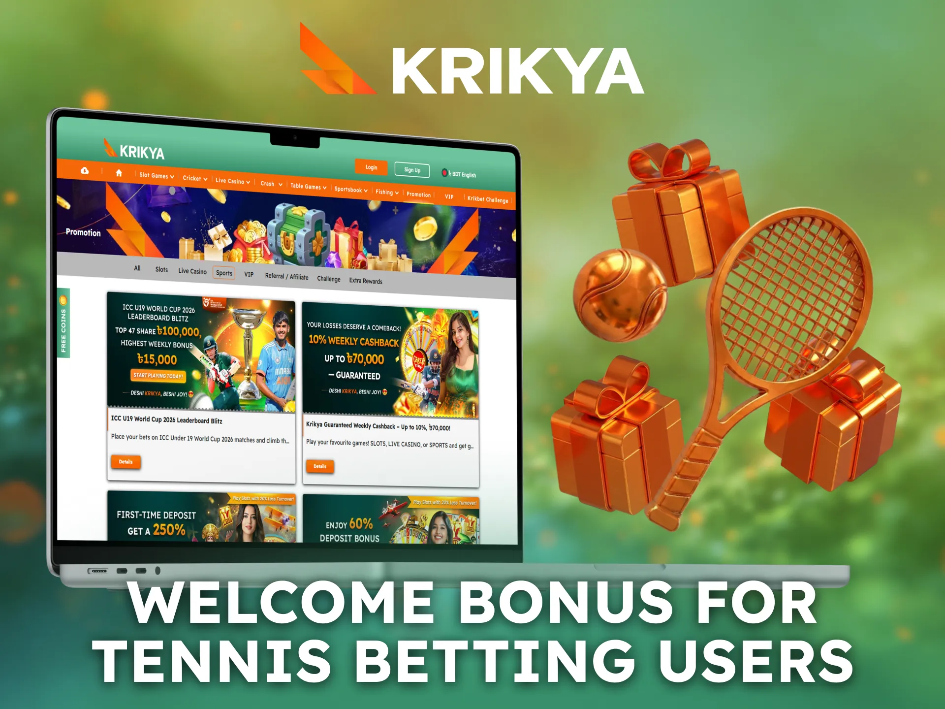 Claim a welcome bonus designed for Krikya tennis betting users.