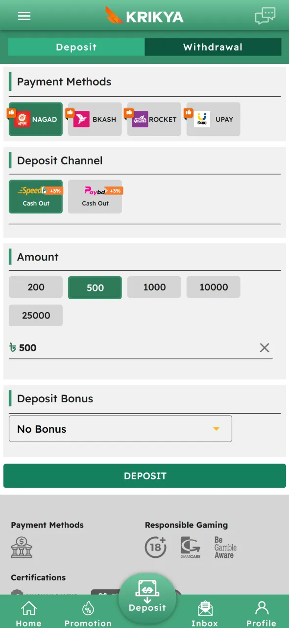 Deposit Bangladeshi Taka to fund your Krikya tennis betting balance.