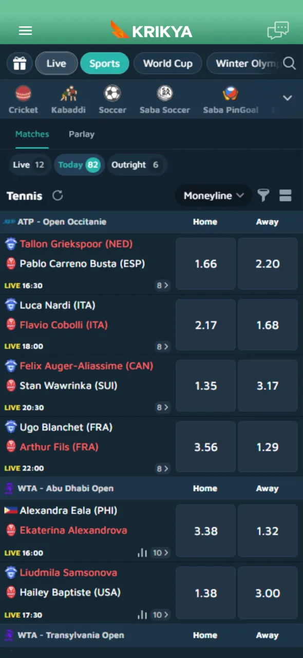 Find tennis matches and markets available on Krikya platform.