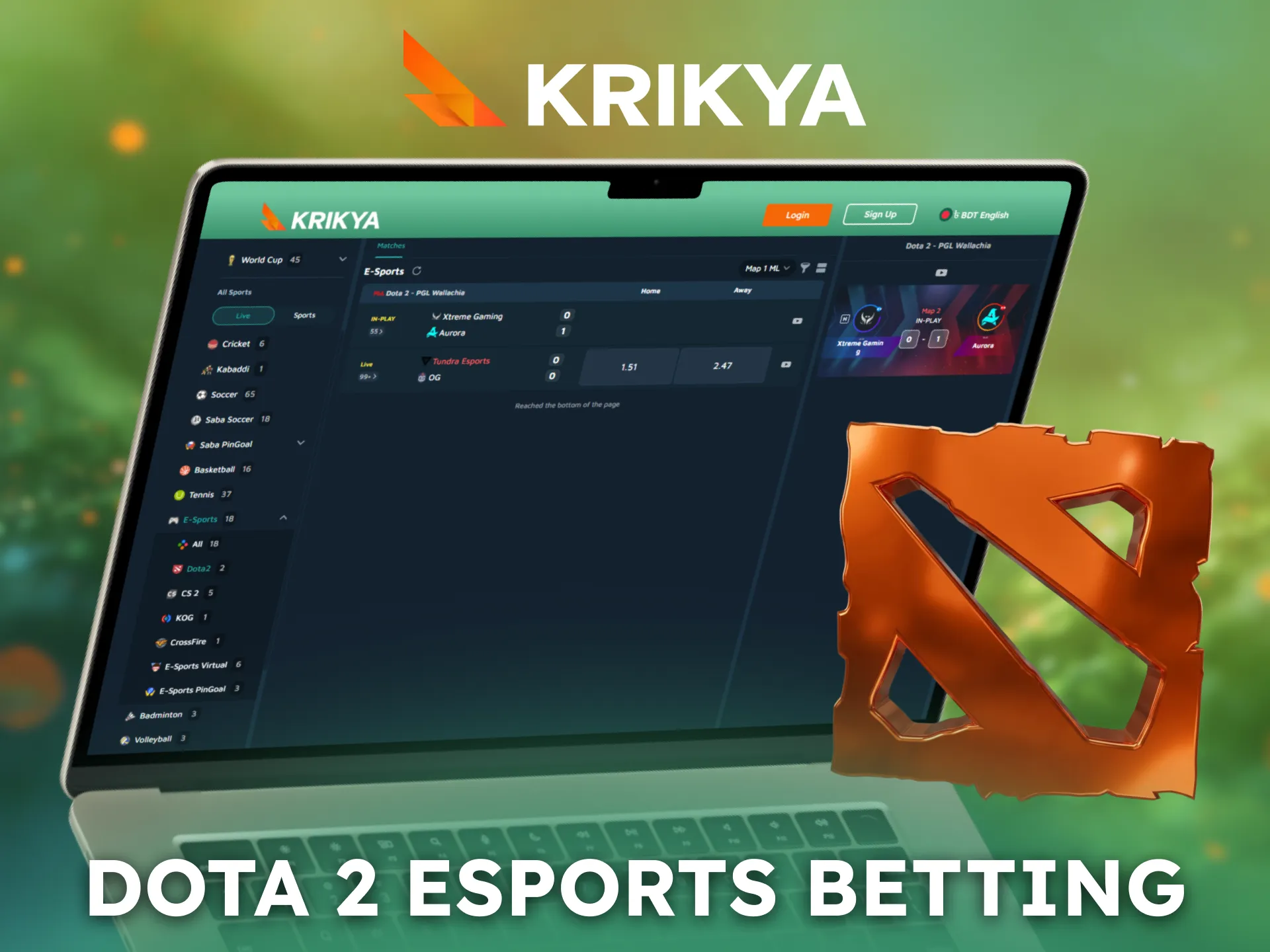 Bet on Dota 2 esports tournaments with Krikya in Bangladesh.