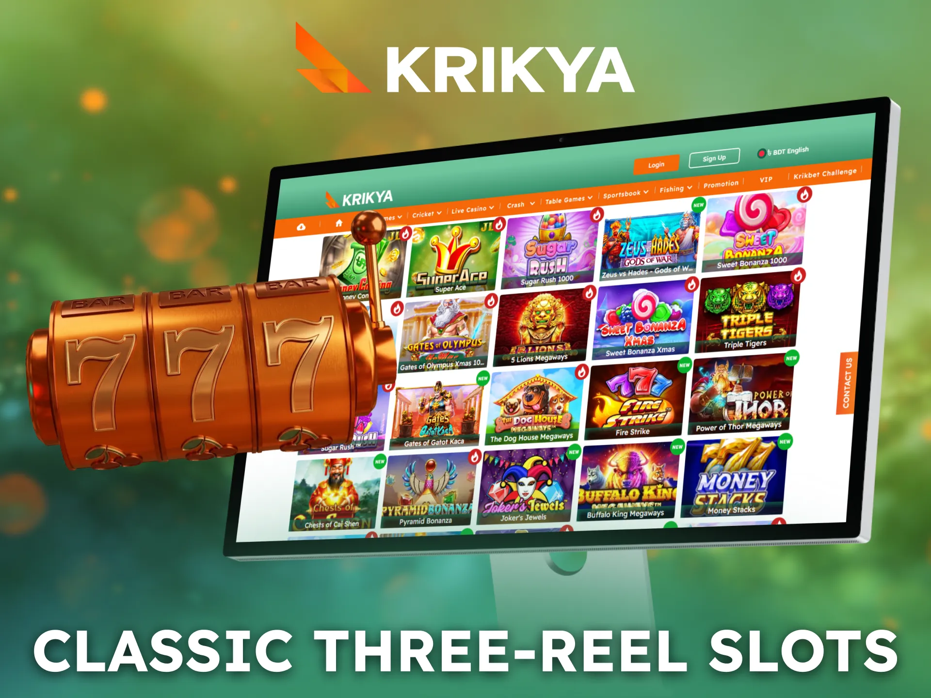 Play classic three reel slot machines on Krikya.